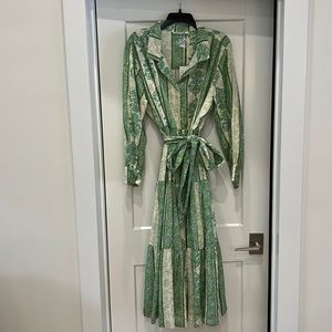 Roller Rabbit Berino Sonora Dress size XL NWT, Green & Ivory, full skirt, sash.